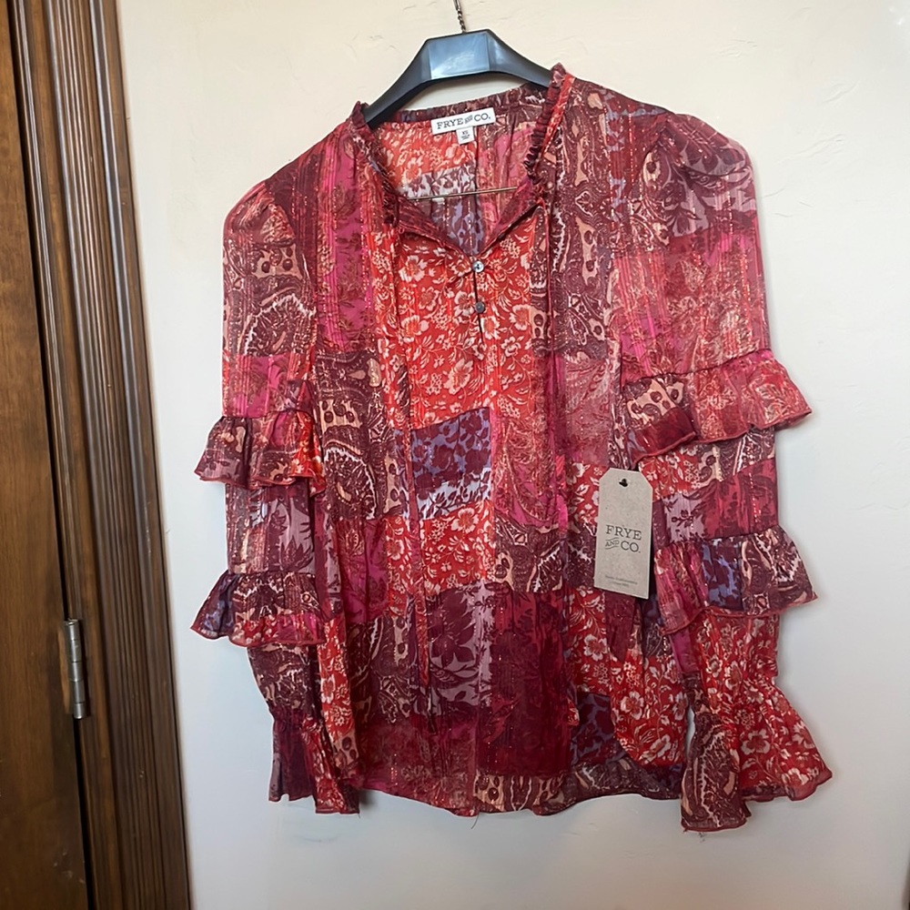 NEW Frye and Co Vintage Patchwork ruffle Blouse! Size XS